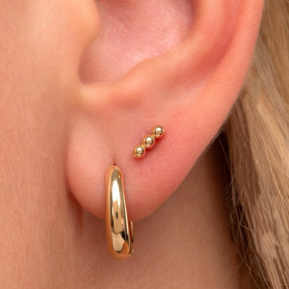 DURUMI Gold Tone Beaded Triple Ball Bar Sphere Back Stud Single Earring